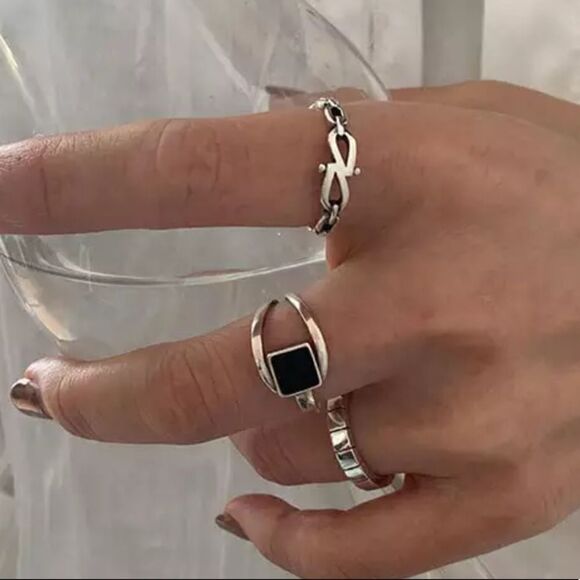 #23 Two Ring Set NEW 925 Sterling Silver Black Onyx Ring & Sterling Link Ring - Picture 7 of 10